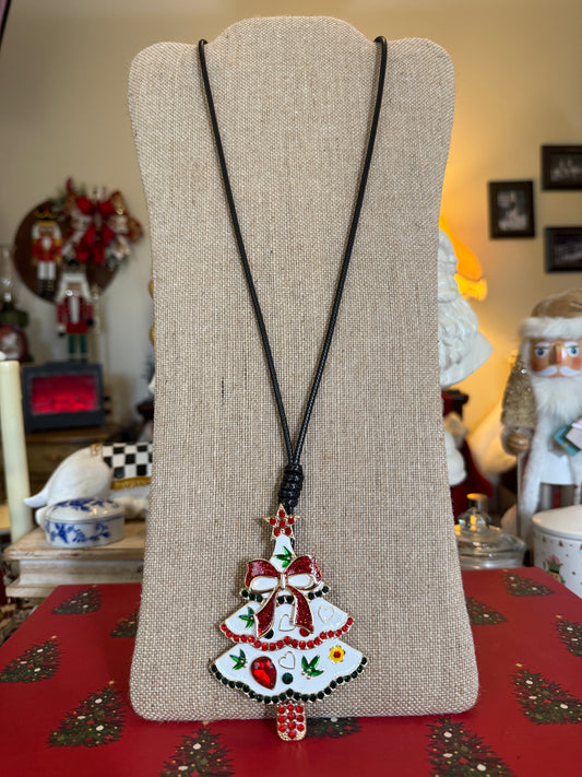 Christmas tree pendant necklace on a black cord