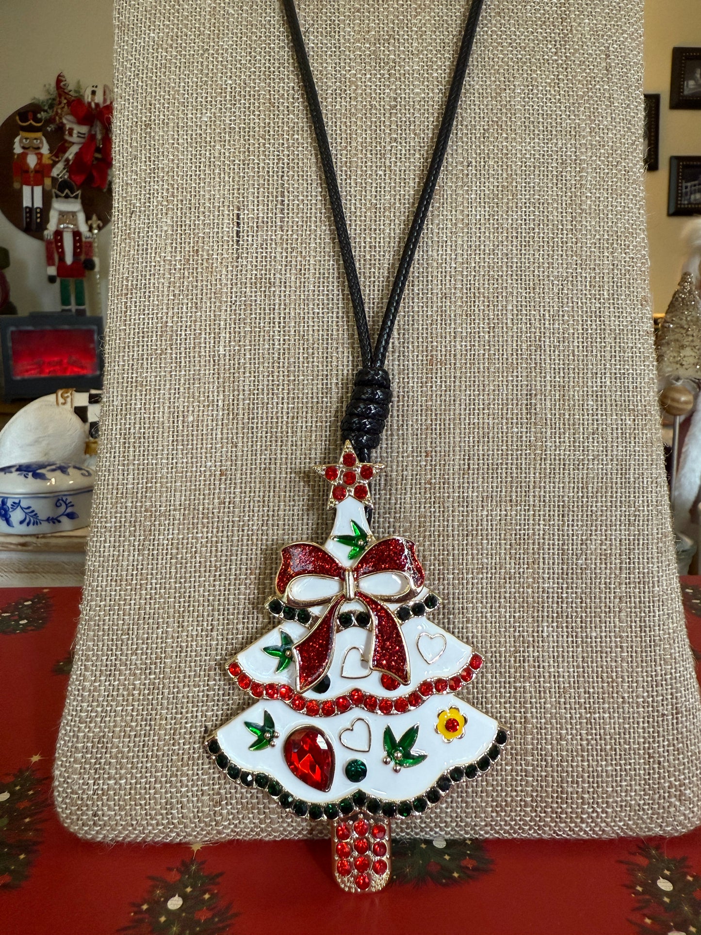 Christmas tree pendant necklace on a black cord