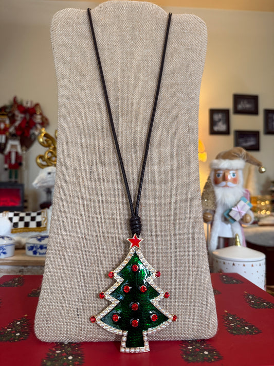 Green Christmas Tree pendant on a black cord necklace