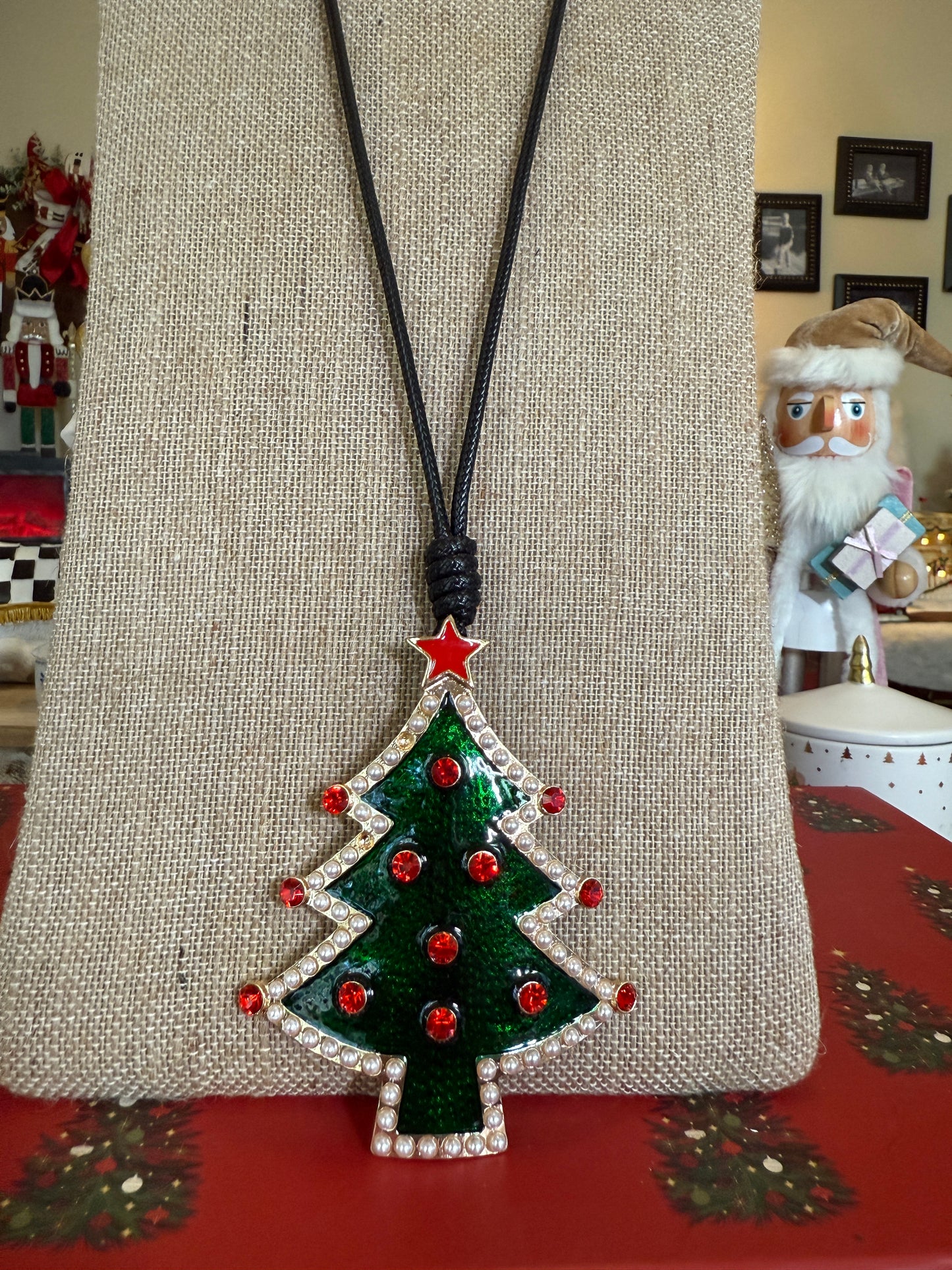 Green Christmas Tree pendant on a black cord necklace
