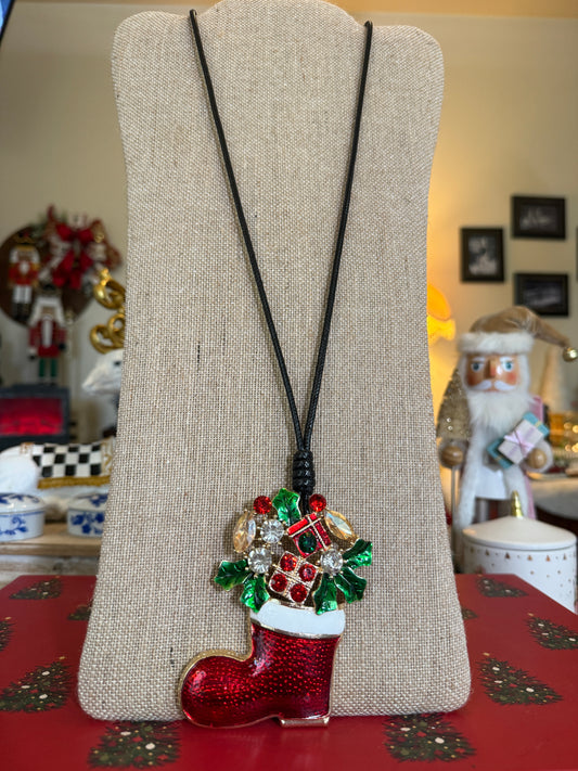 Large Christmas Stocking pendant on a black cord necklace