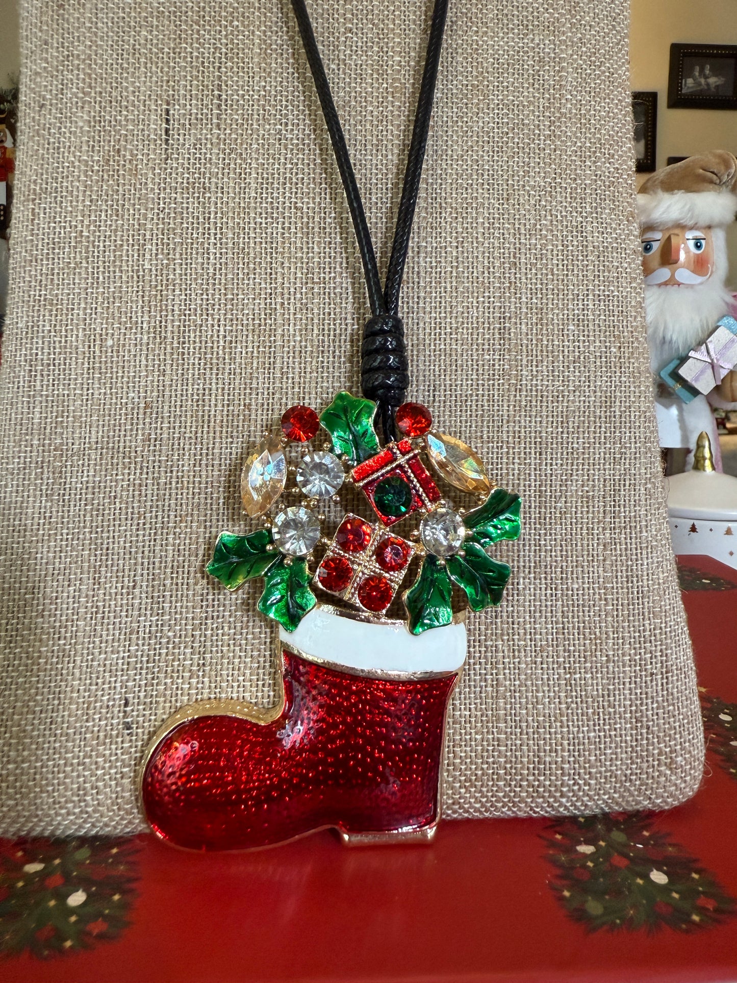 Large Christmas Stocking pendant on a black cord necklace