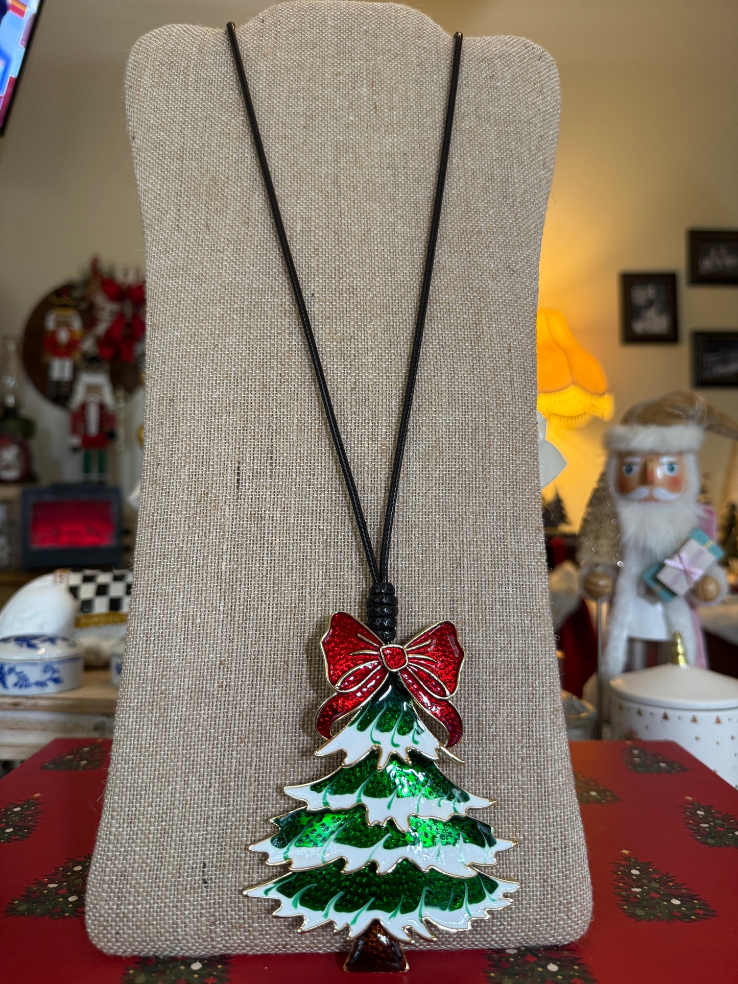 Large Christmas tree pendant on a black cord necklace