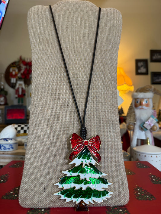 Large Christmas tree pendant on a black cord necklace