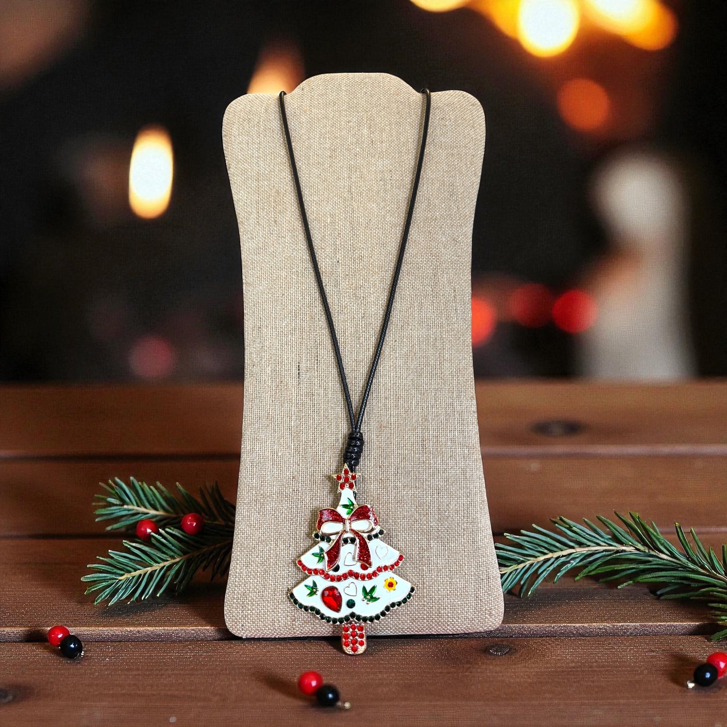 Christmas tree pendant necklace on a black cord