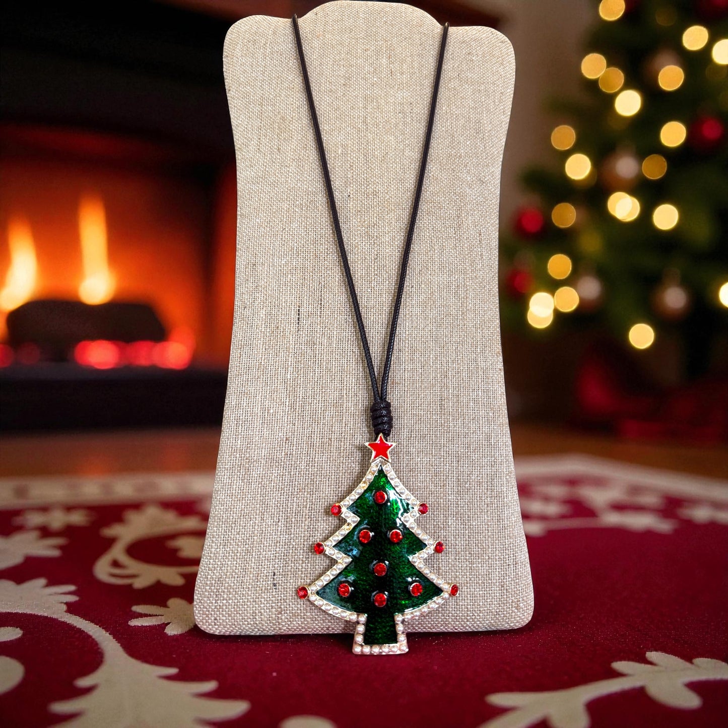 Green Christmas Tree pendant on a black cord necklace