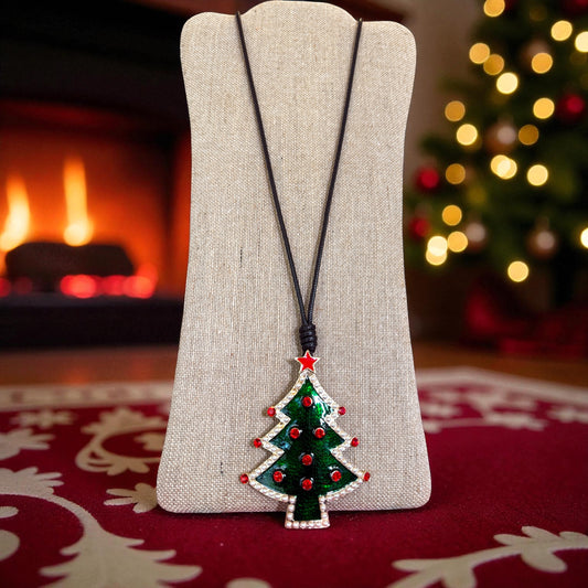 Green Christmas Tree pendant on a black cord necklace