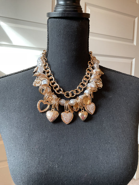 Chunky Gold and Pearl with Hearts Statement Necklace