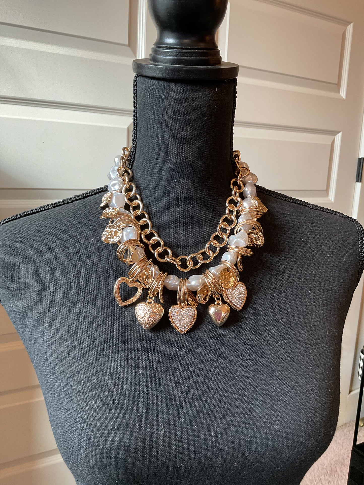 Chunky Gold and Pearl with Hearts Statement Necklace
