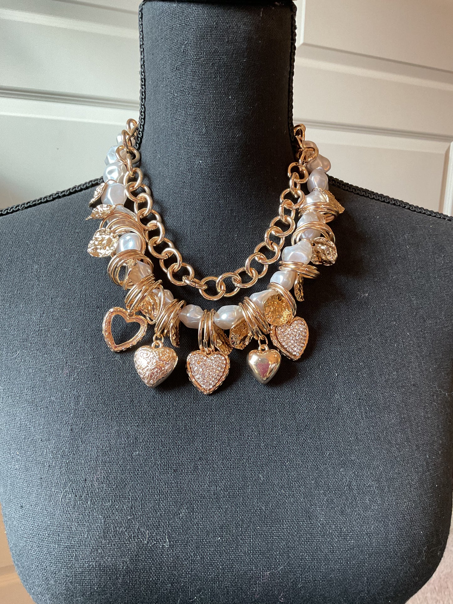 Chunky Gold and Pearl with Hearts Statement Necklace