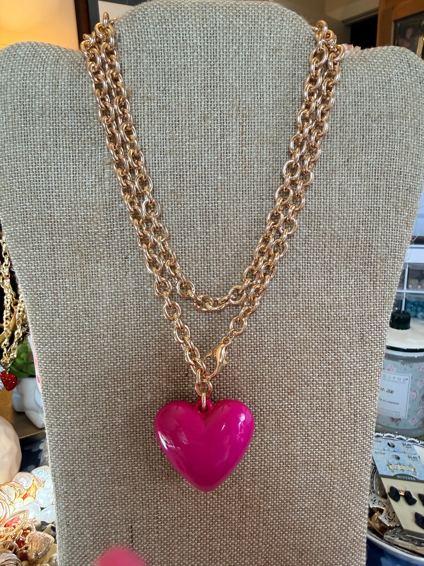 Hot PInk  puffy heart pendant on Long gold tone chain.