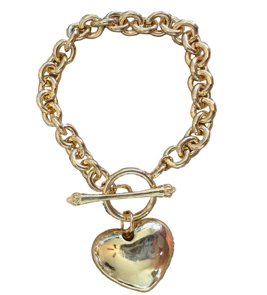 Gold tone Chain bracelet with puffy heart charm