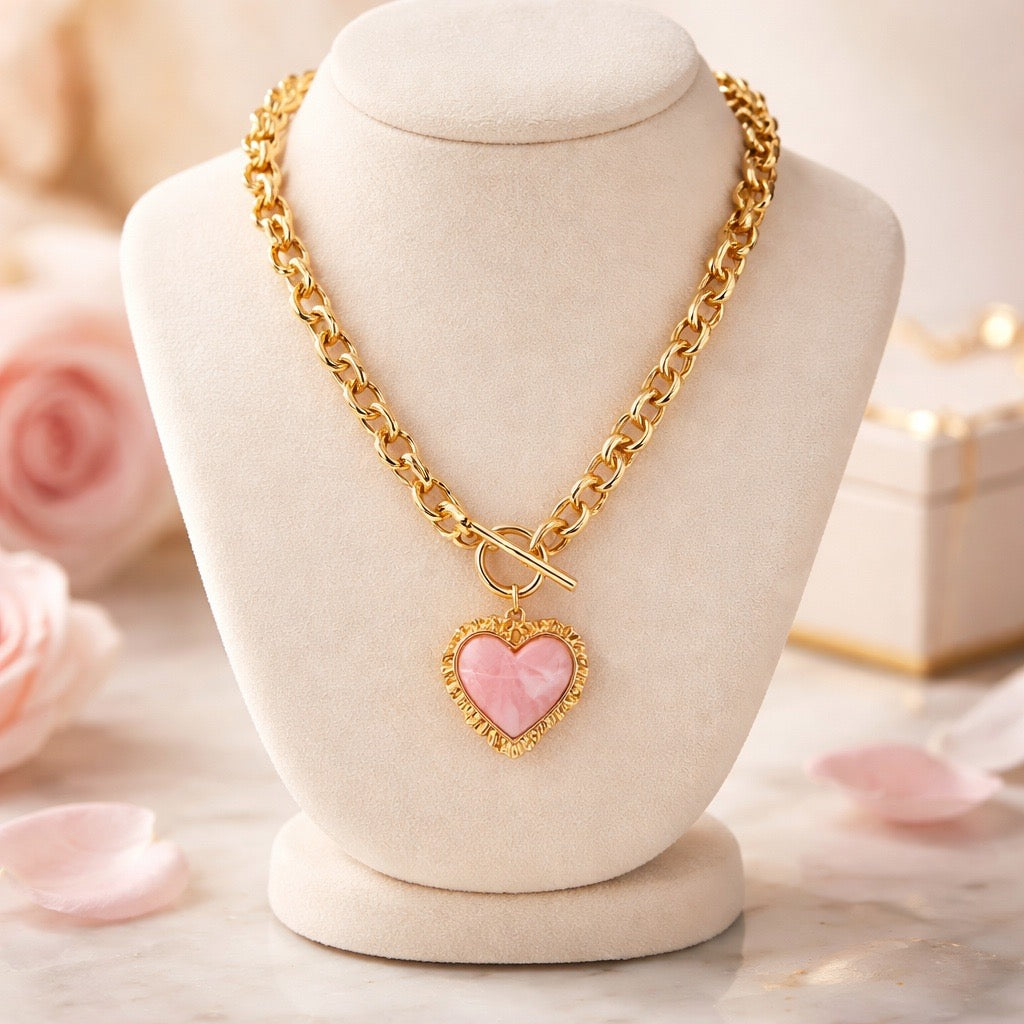Pink and Gold tone heart necklace
