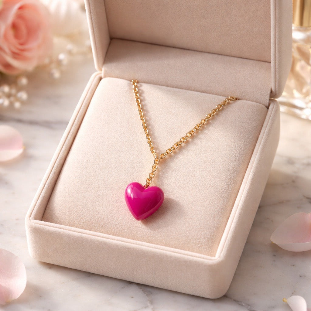 Hot PInk  puffy heart pendant on Long gold tone chain.