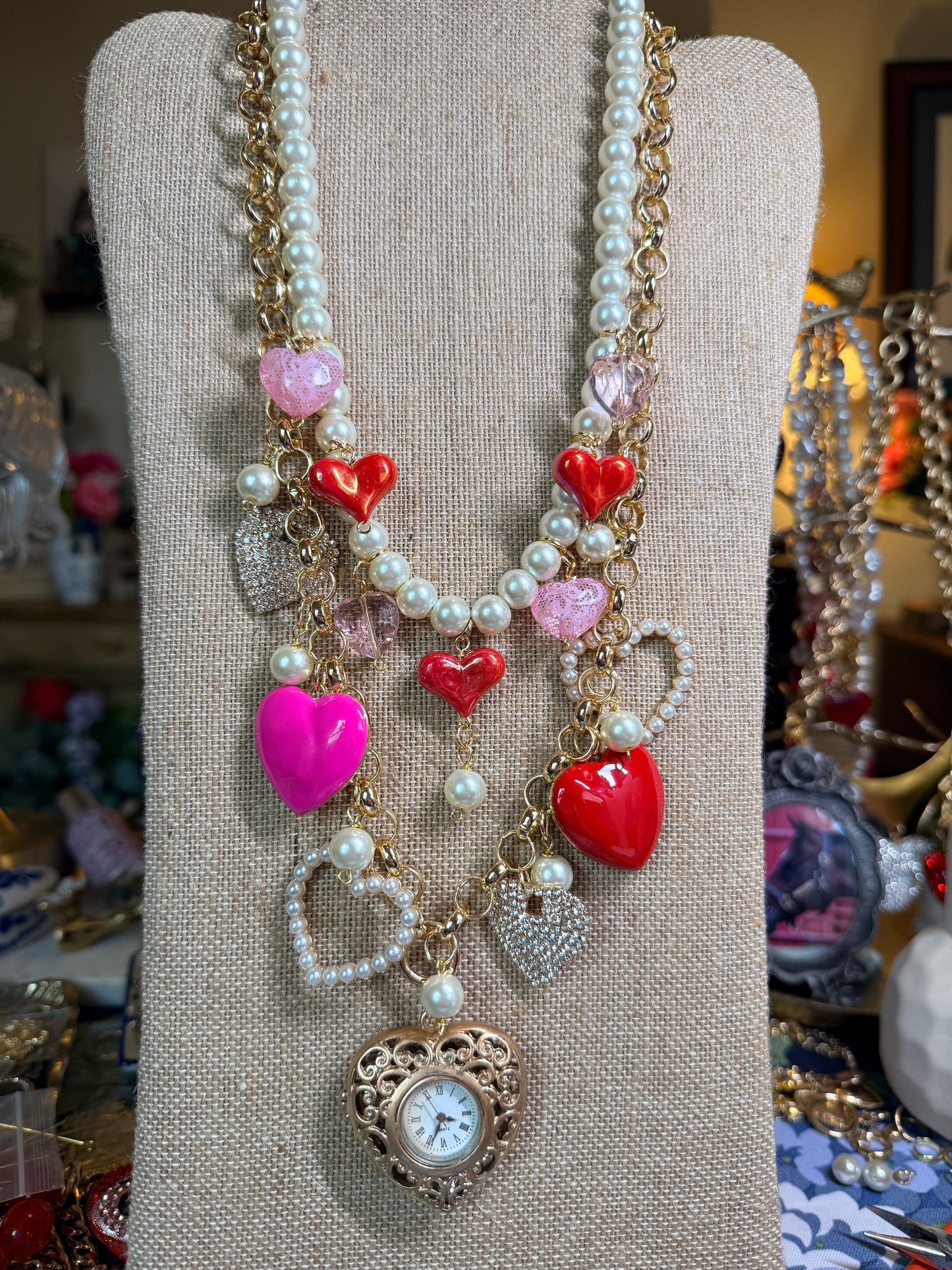 Unique Multi Heart Charm Necklace with pearls and Vintage clock heart pendant