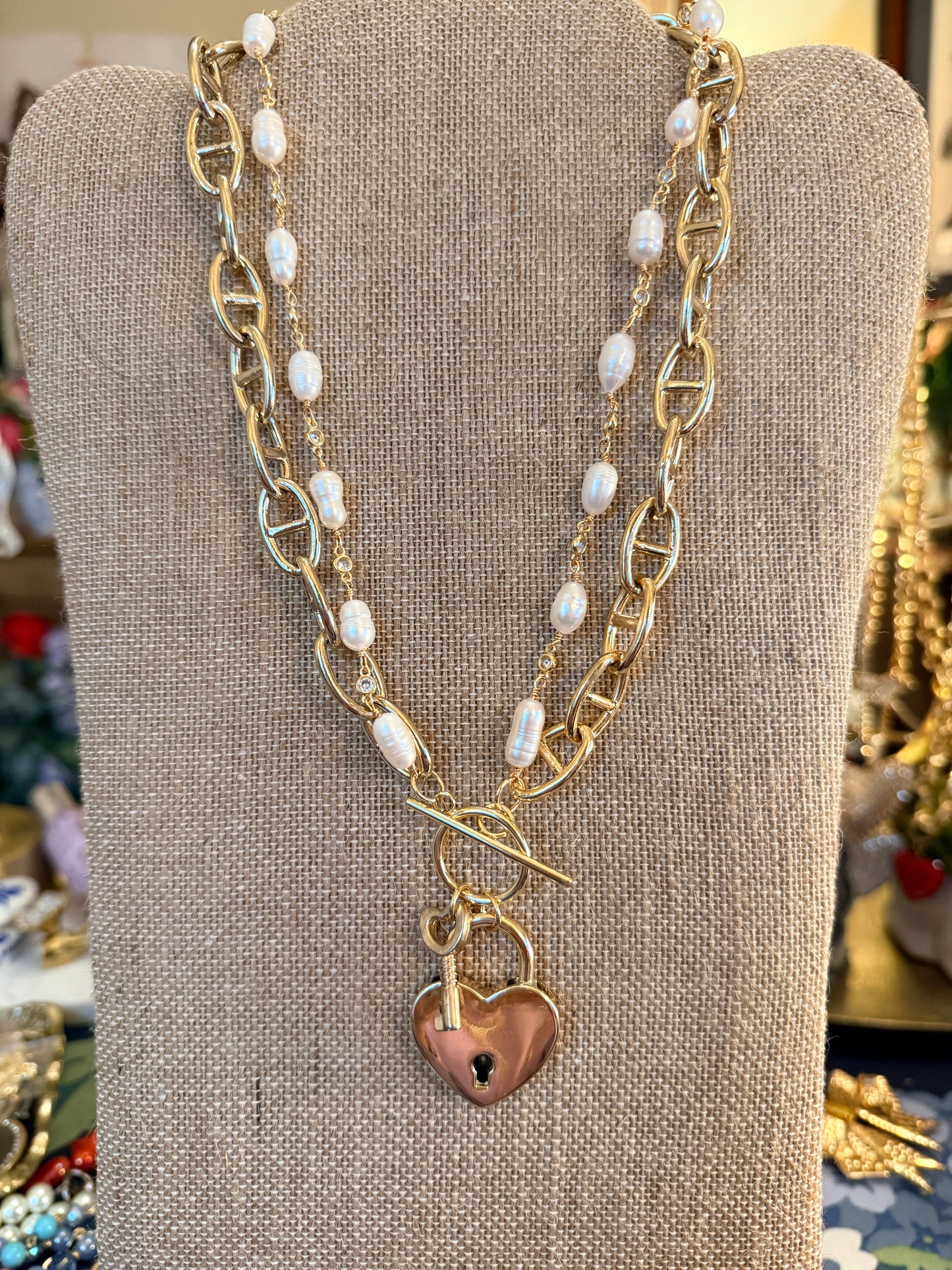 Gold Tone heart locket pendant with Gold tone chain and rosary pearl chain