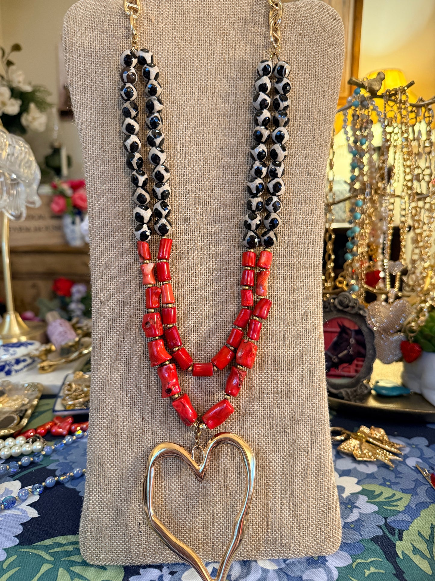 Red Coral and spotted agate beads with a Large Gold tone Heart Pendant Necklace