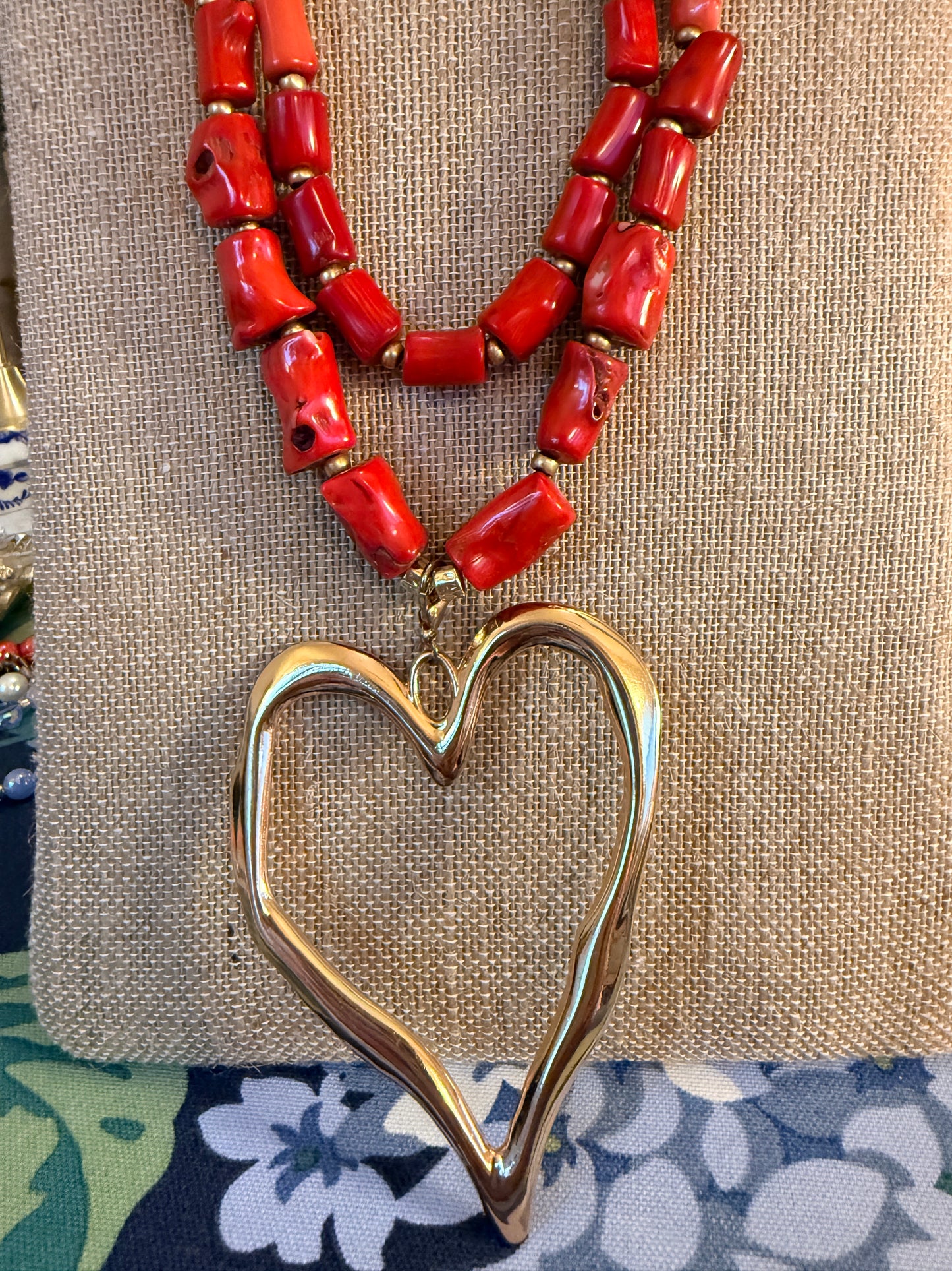 Red Coral and spotted agate beads with a Large Gold tone Heart Pendant Necklace