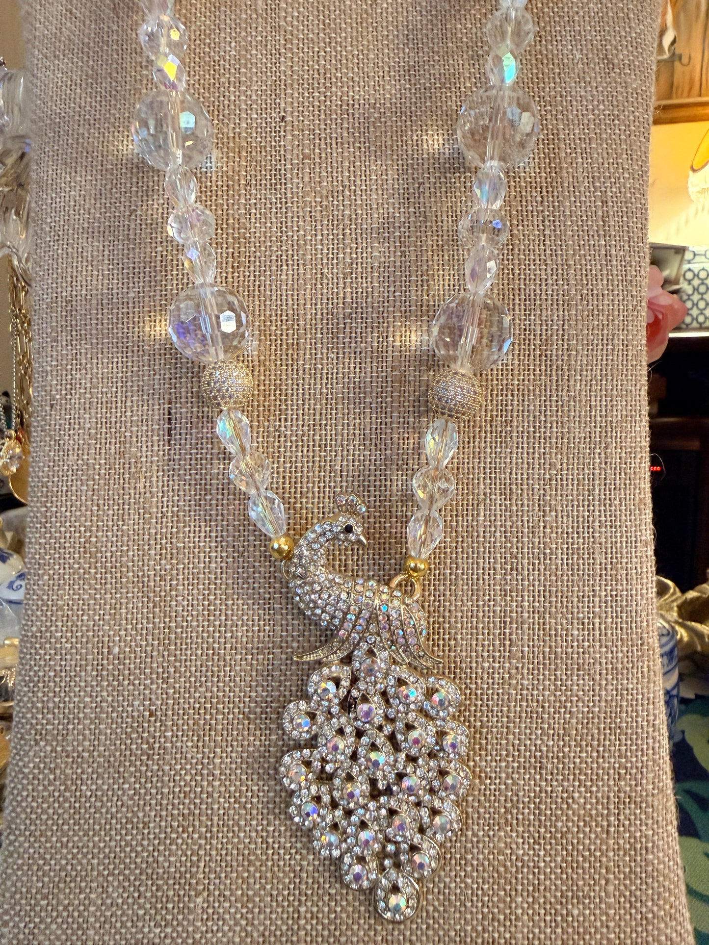 Clear Crystal beads with a Gorgeouse Peacock pendant Necklace