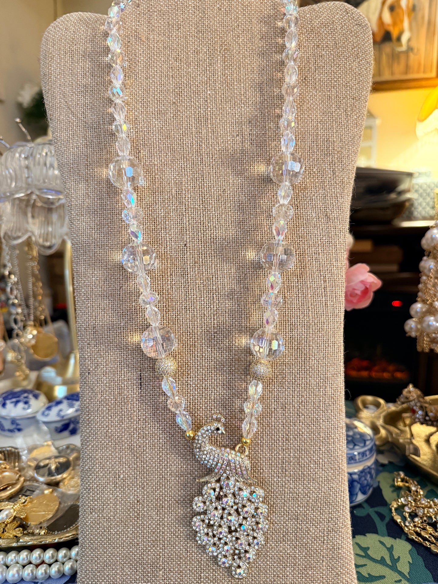 Clear Crystal beads with a Gorgeouse Peacock pendant Necklace