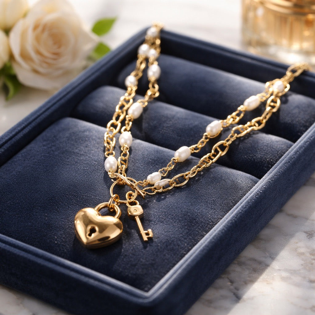 Gold Tone heart locket pendant with Gold tone chain and rosary pearl chain