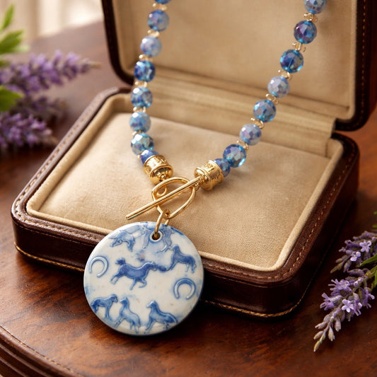 Round Ceramic Horse themed pendant hanging from a Stirrup toggle clasp All Srung on beautiful blue beads