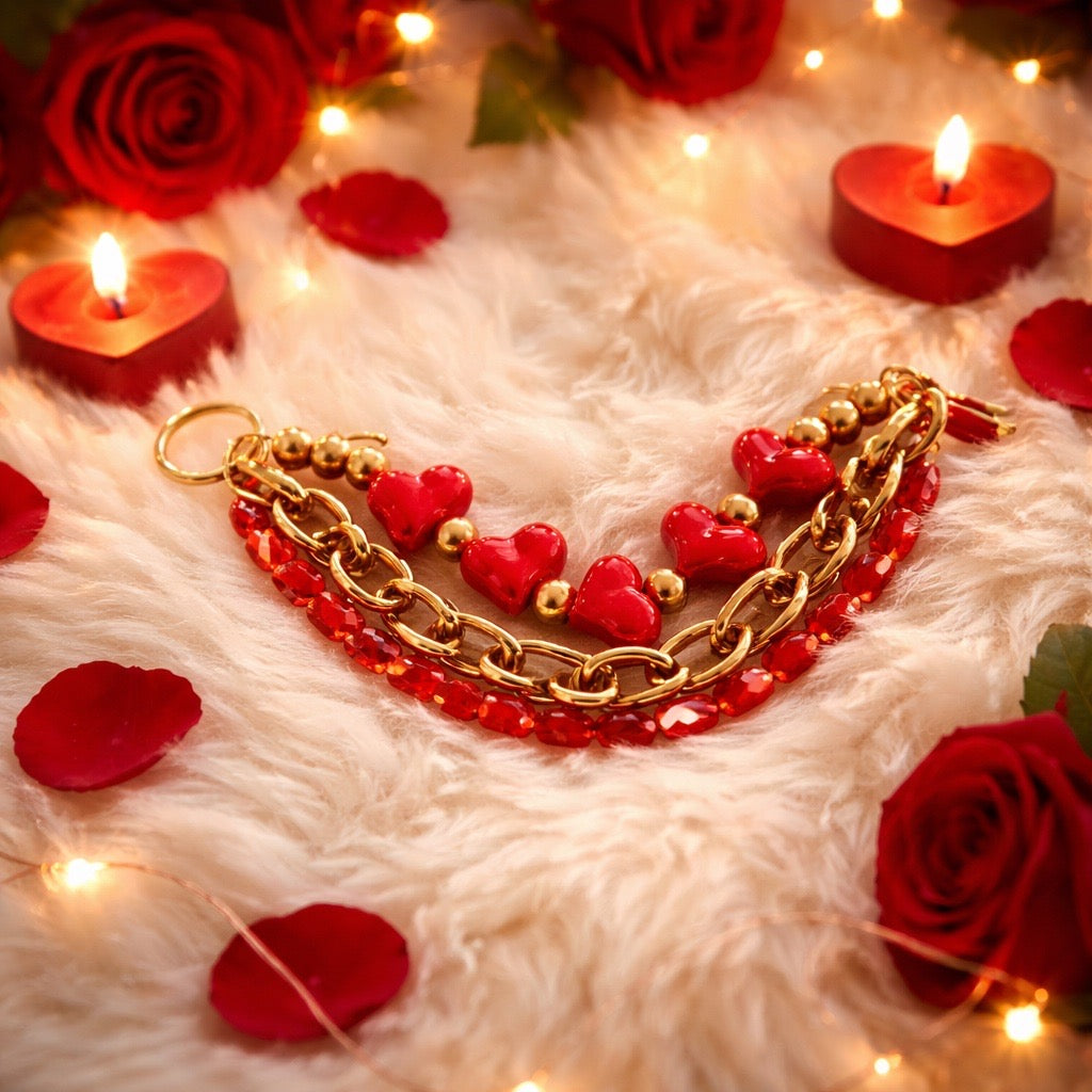 Tripple Strand Matte Gold and red heart Bracelet