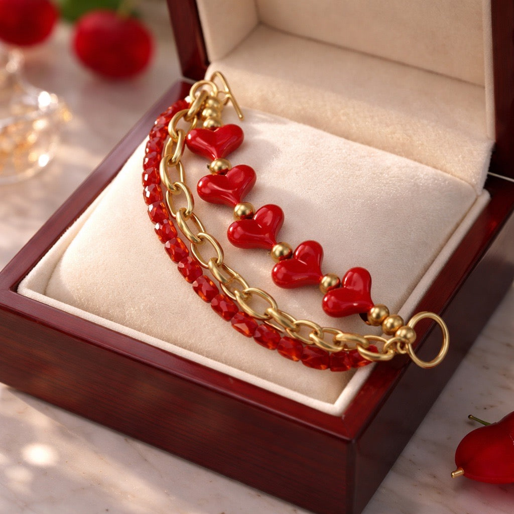 Tripple Strand Matte Gold and red heart Bracelet