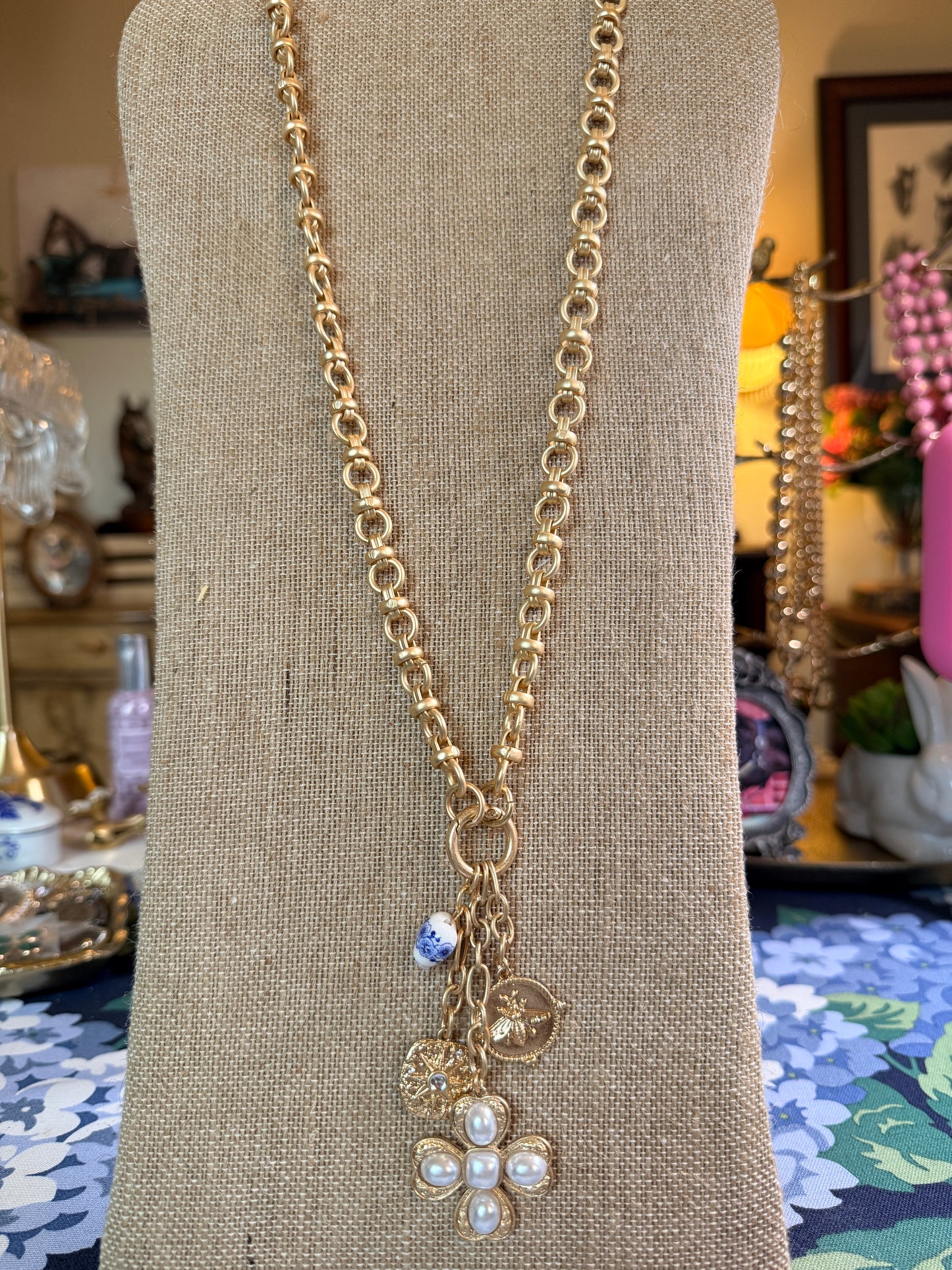 Southern Glitz Gold Charm Necklace – Pearl Flower Pendant with Bee & Porcelain Charm, Spring Statement Necklace, Elegant Vintage Inspired Jewelry