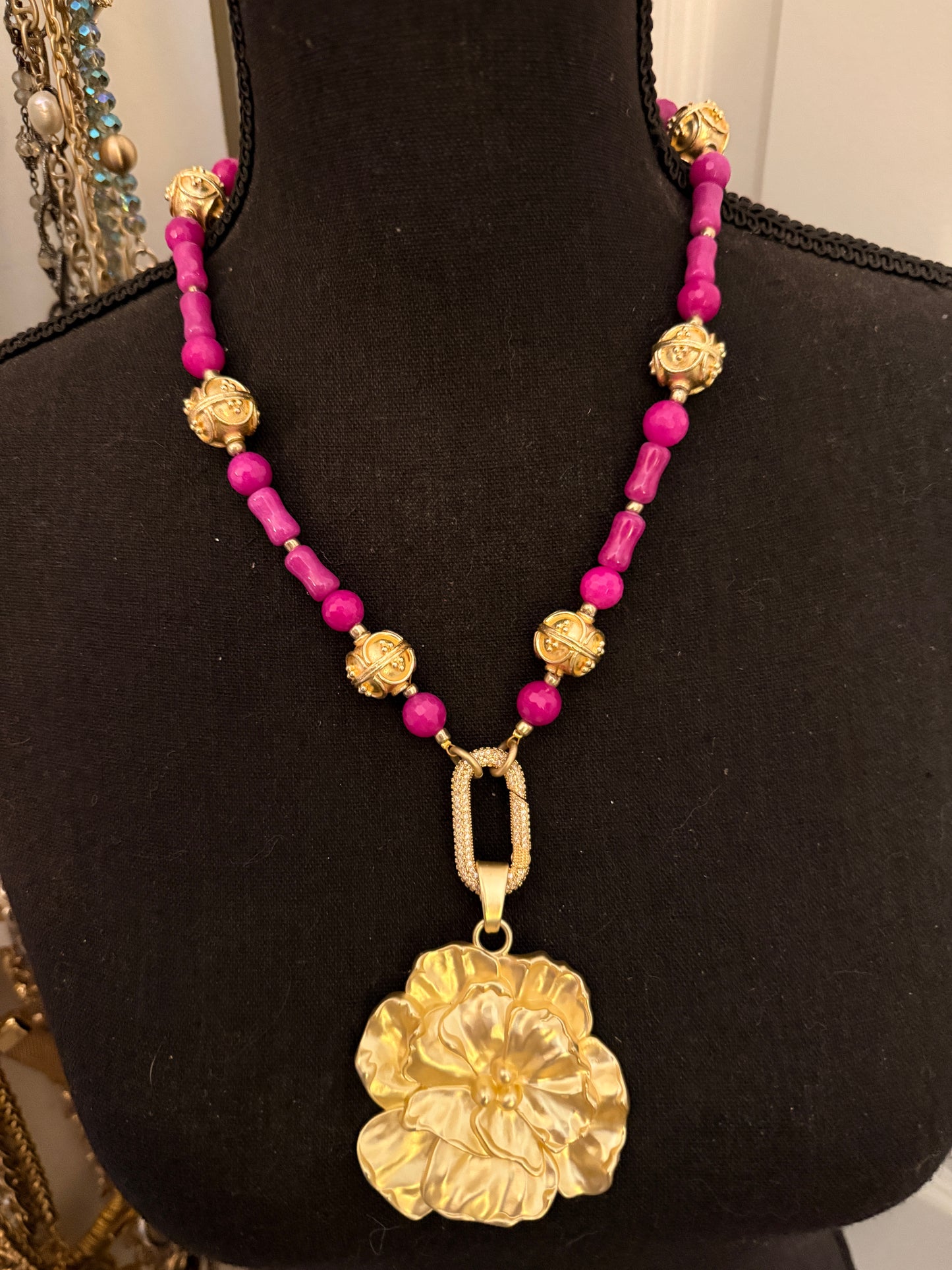 Bold Pink & Gold Flower Statement Necklace | Spring Floral Pendant Necklace | Elegant Handmade Jewelry | Mother’s Day Gift | Southern Glitz