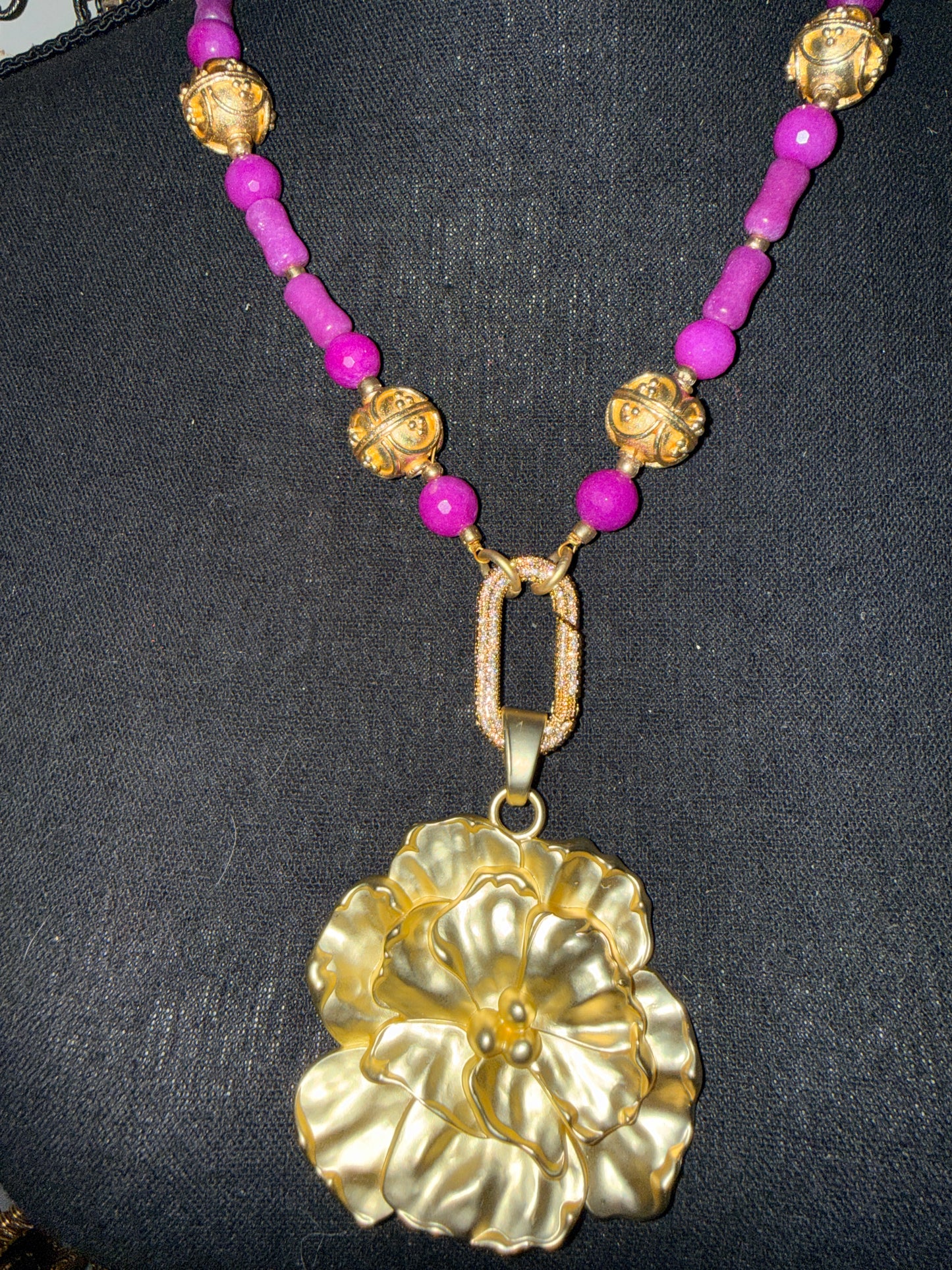Bold Pink & Gold Flower Statement Necklace | Spring Floral Pendant Necklace | Elegant Handmade Jewelry | Mother’s Day Gift | Southern Glitz
