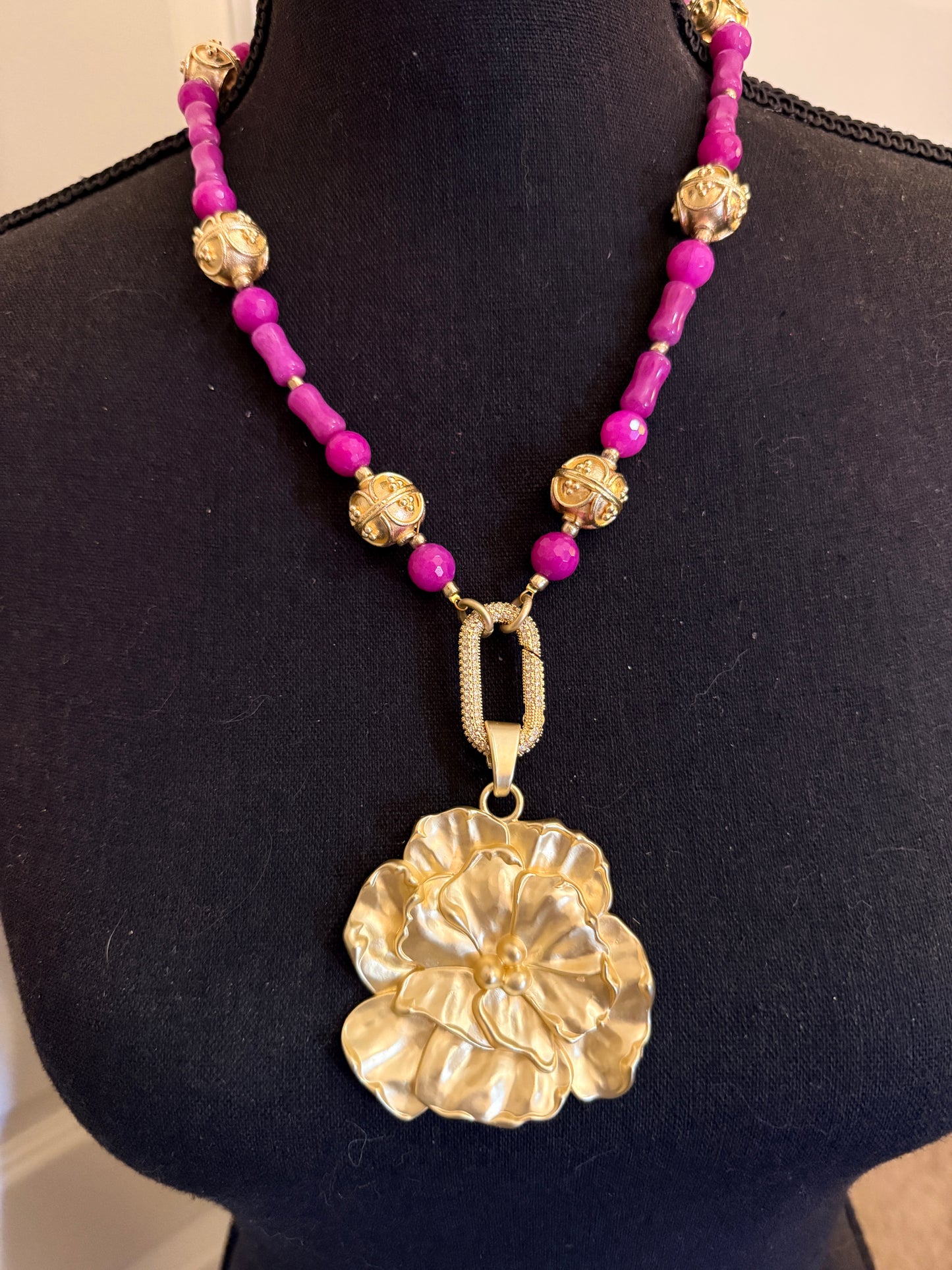 Bold Pink & Gold Flower Statement Necklace | Spring Floral Pendant Necklace | Elegant Handmade Jewelry | Mother’s Day Gift | Southern Glitz