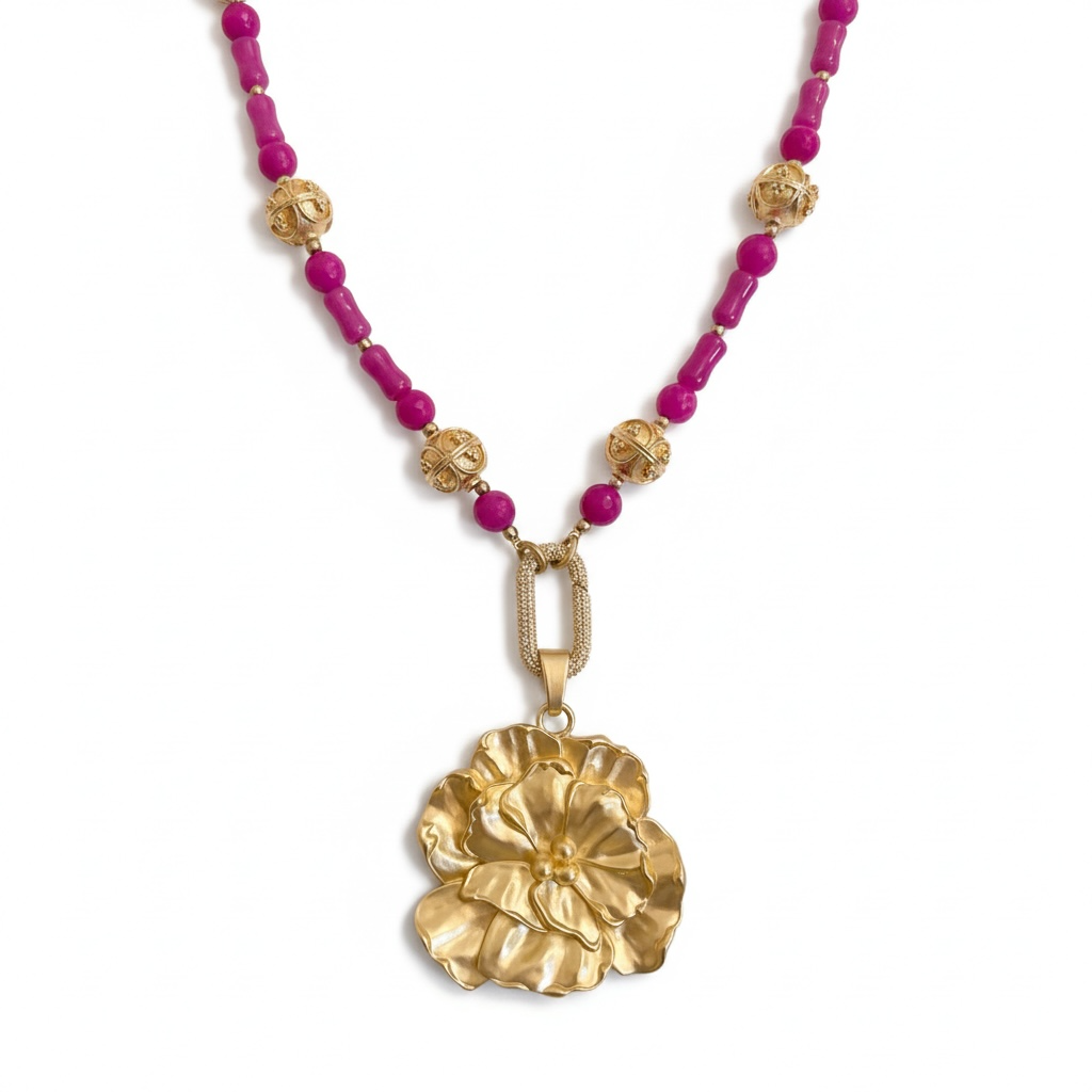 Bold Pink & Gold Flower Statement Necklace | Spring Floral Pendant Necklace | Elegant Handmade Jewelry | Mother’s Day Gift | Southern Glitz