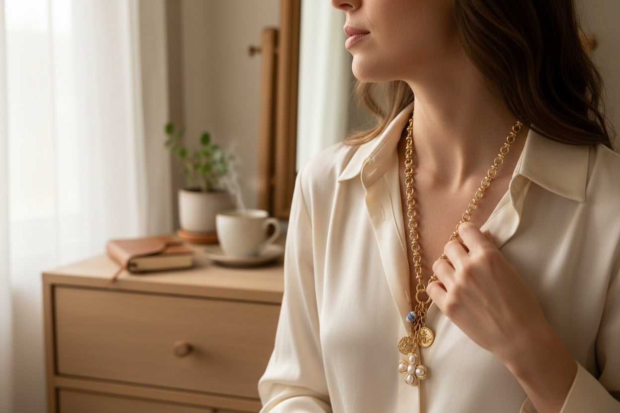 Southern Glitz Gold Charm Necklace – Pearl Flower Pendant with Bee & Porcelain Charm, Spring Statement Necklace, Elegant Vintage Inspired Jewelry