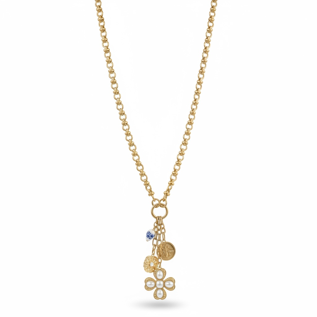 Southern Glitz Gold Charm Necklace – Pearl Flower Pendant with Bee & Porcelain Charm, Spring Statement Necklace, Elegant Vintage Inspired Jewelry