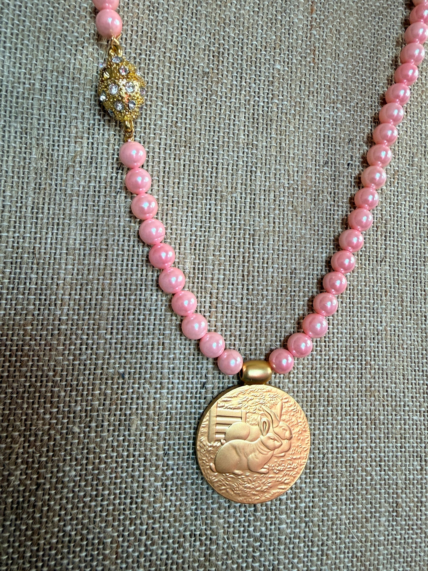 Vintage Style Gold Bunny Medallion Necklace on Blush Pearl Strand