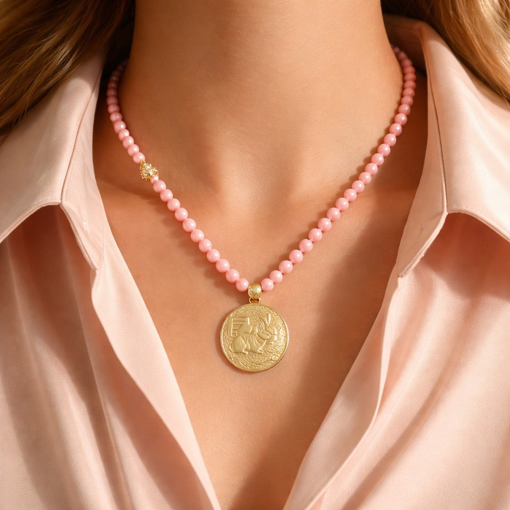 Vintage Style Gold Bunny Medallion Necklace on Blush Pearl Strand