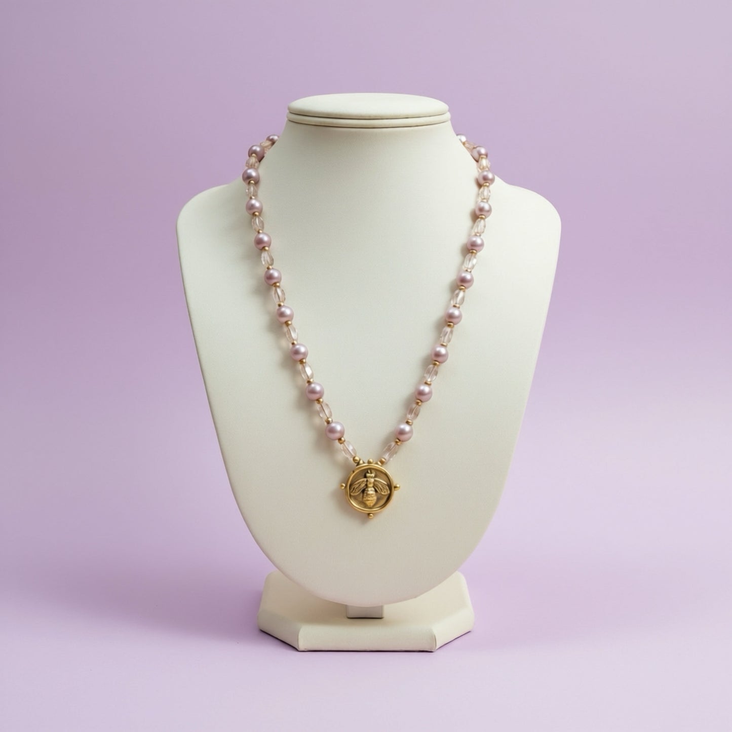 Blush Pearl Bee Medallion Necklace – Gold Coin Pendant with Pink Pearls
