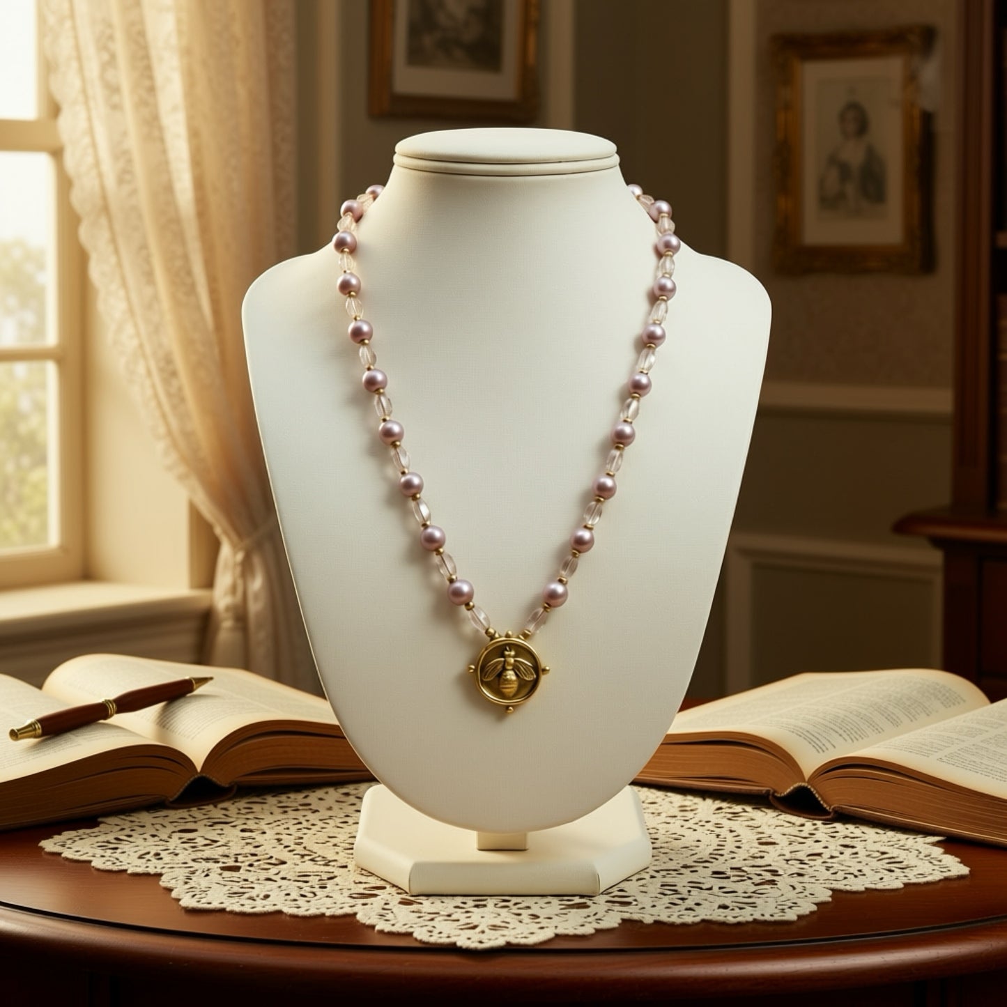 Blush Pearl Bee Medallion Necklace – Gold Coin Pendant with Pink Pearls