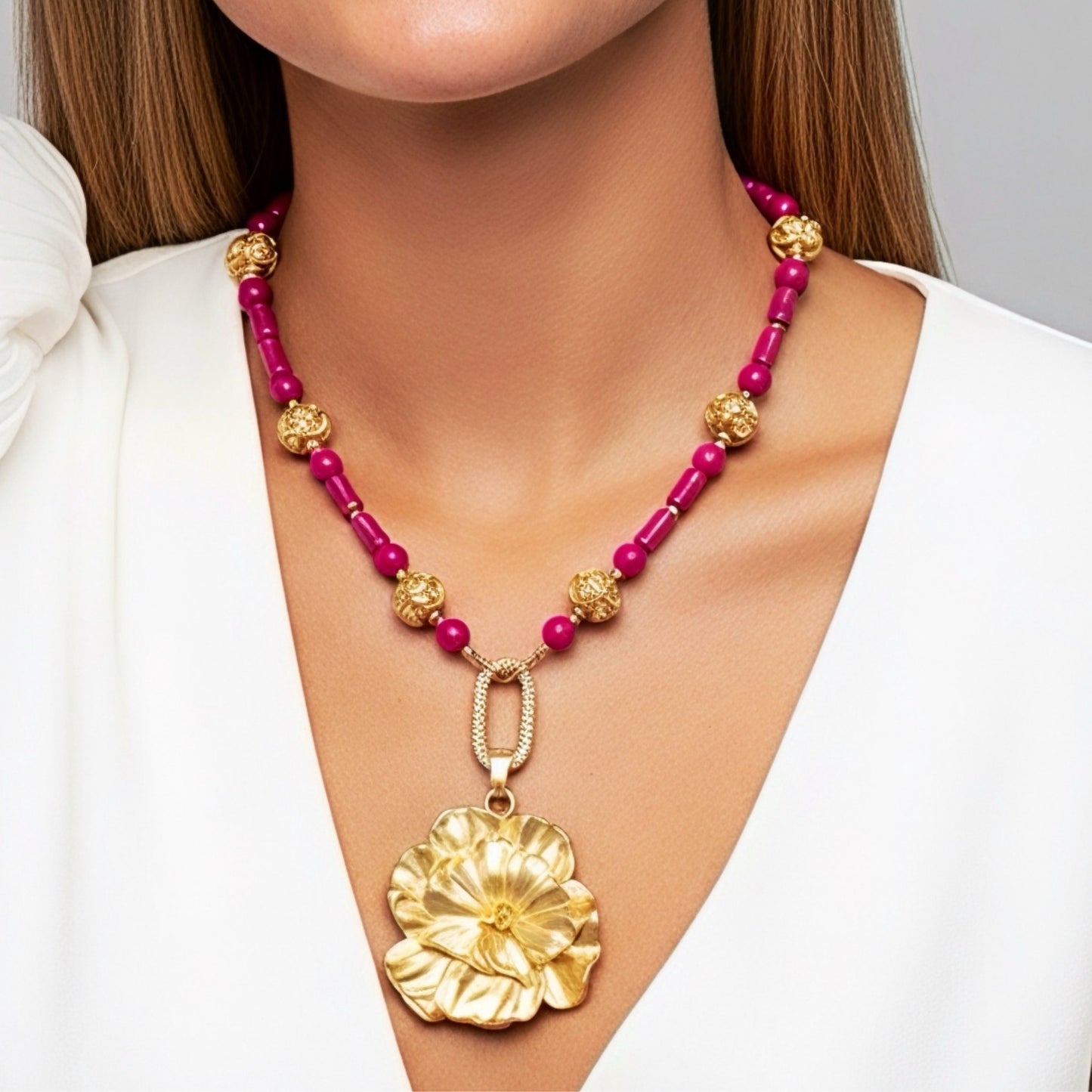 Bold Pink & Gold Flower Statement Necklace | Spring Floral Pendant Necklace | Elegant Handmade Jewelry | Mother’s Day Gift | Southern Glitz