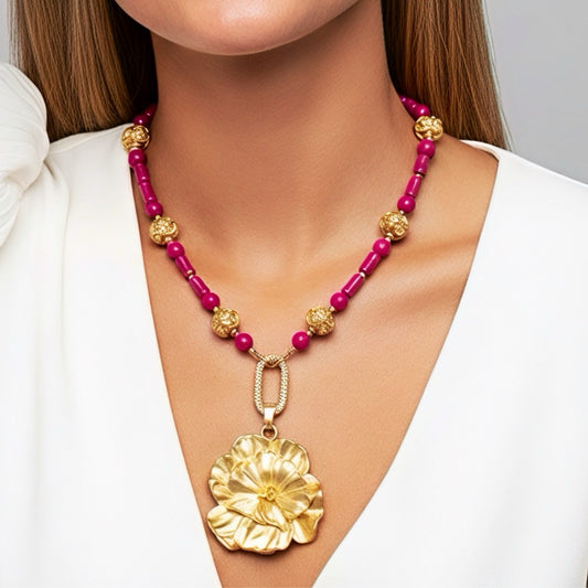 Bold Pink & Gold Flower Statement Necklace | Spring Floral Pendant Necklace | Elegant Handmade Jewelry | Mother’s Day Gift | Southern Glitz