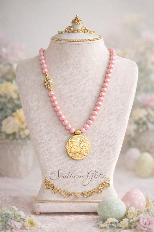 Vintage Style Gold Bunny Medallion Necklace on Blush Pearl Strand