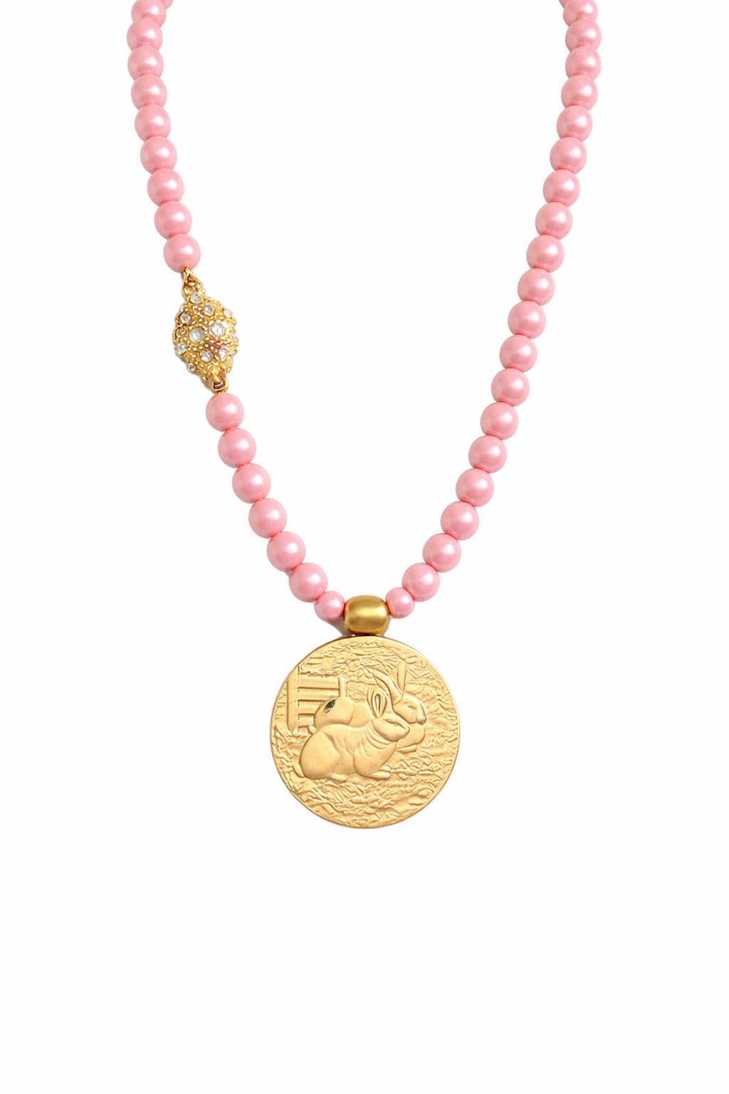 Vintage Style Gold Bunny Medallion Necklace on Blush Pearl Strand