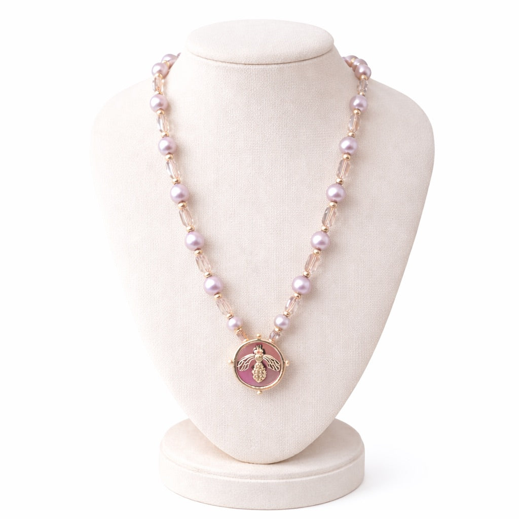 Blush Pearl Bee Medallion Necklace – Gold Coin Pendant with Pink Pearls