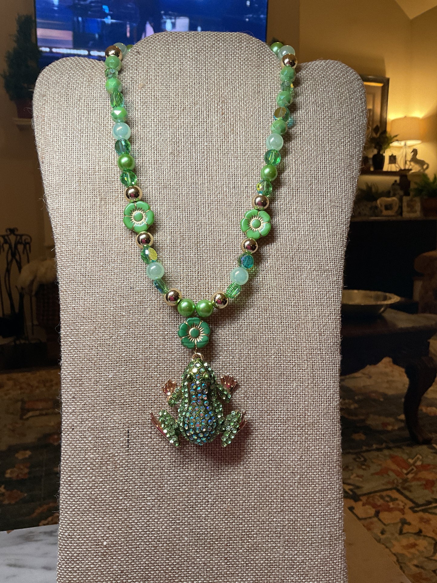 Whimsical Spring Frog Statement Necklace | Green Beaded Frog Pendant Necklace | Garden-Inspired Jewelry | Southern Glitz