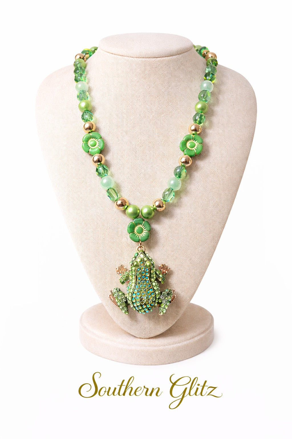 Whimsical Spring Frog Statement Necklace | Green Beaded Frog Pendant Necklace | Garden-Inspired Jewelry | Southern Glitz