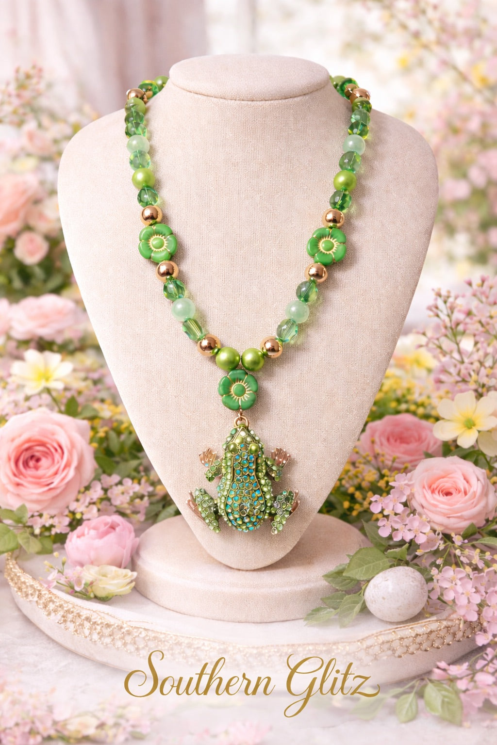 Whimsical Spring Frog Statement Necklace | Green Beaded Frog Pendant Necklace | Garden-Inspired Jewelry | Southern Glitz