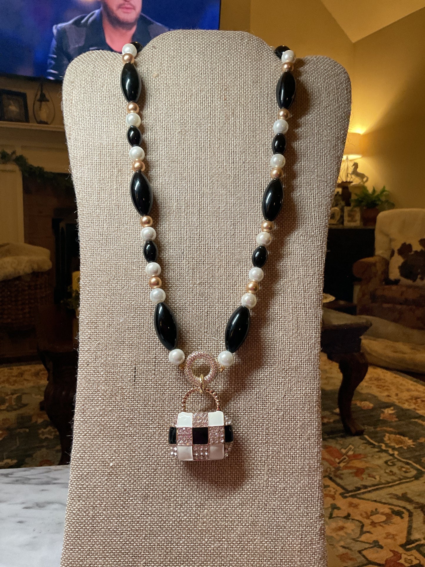 Black & Pearl Statement Necklace with Rhinestone purse Pendant | Elegant Gold & Ivory Beaded Necklace | Southern Glitz Boutique Jewelry