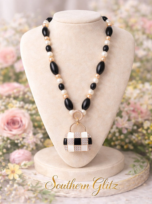 Black & Pearl Statement Necklace with Rhinestone purse Pendant | Elegant Gold & Ivory Beaded Necklace | Southern Glitz Boutique Jewelry