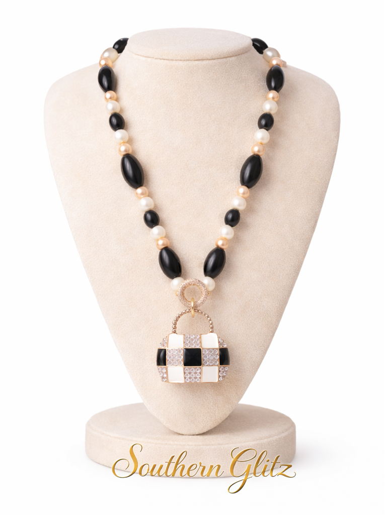 Black & Pearl Statement Necklace with Rhinestone purse Pendant | Elegant Gold & Ivory Beaded Necklace | Southern Glitz Boutique Jewelry